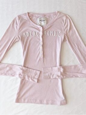Abercrombie & Fitch Light Pink Ribbed Long-Sleeve Henley Top